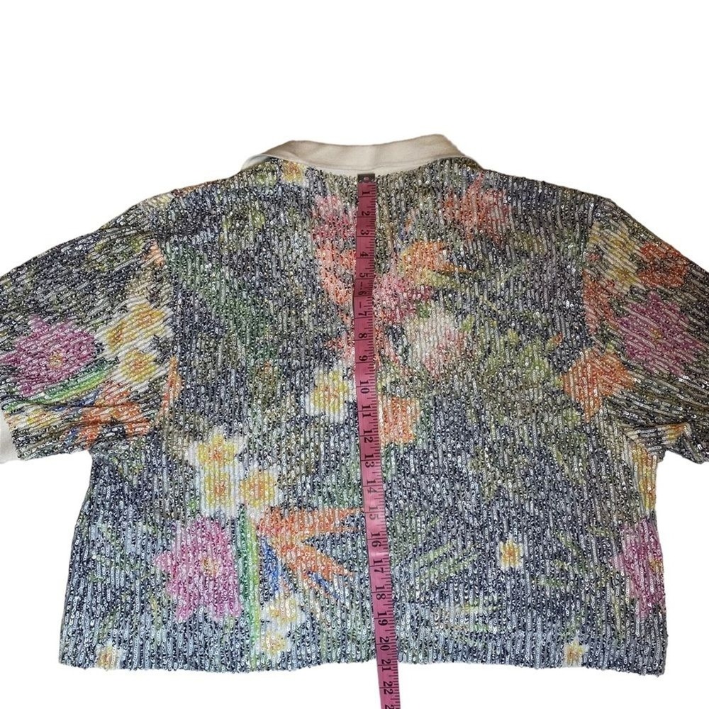 In The Mood For Love Sequin Floral Crop Top Linen Silk Boxy Collared L - Picture 13 of 16